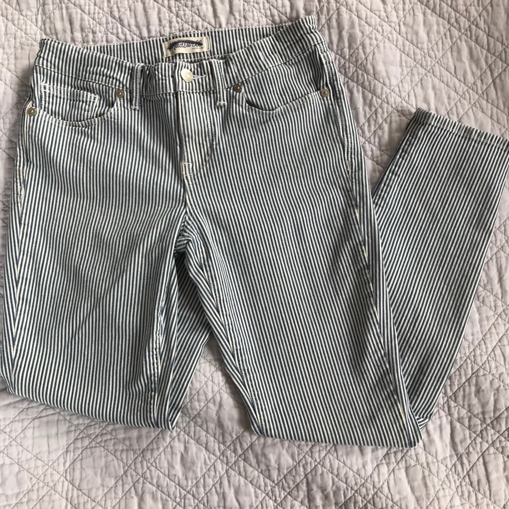 MADEWELL blue white striped ankle zipper skinny 28